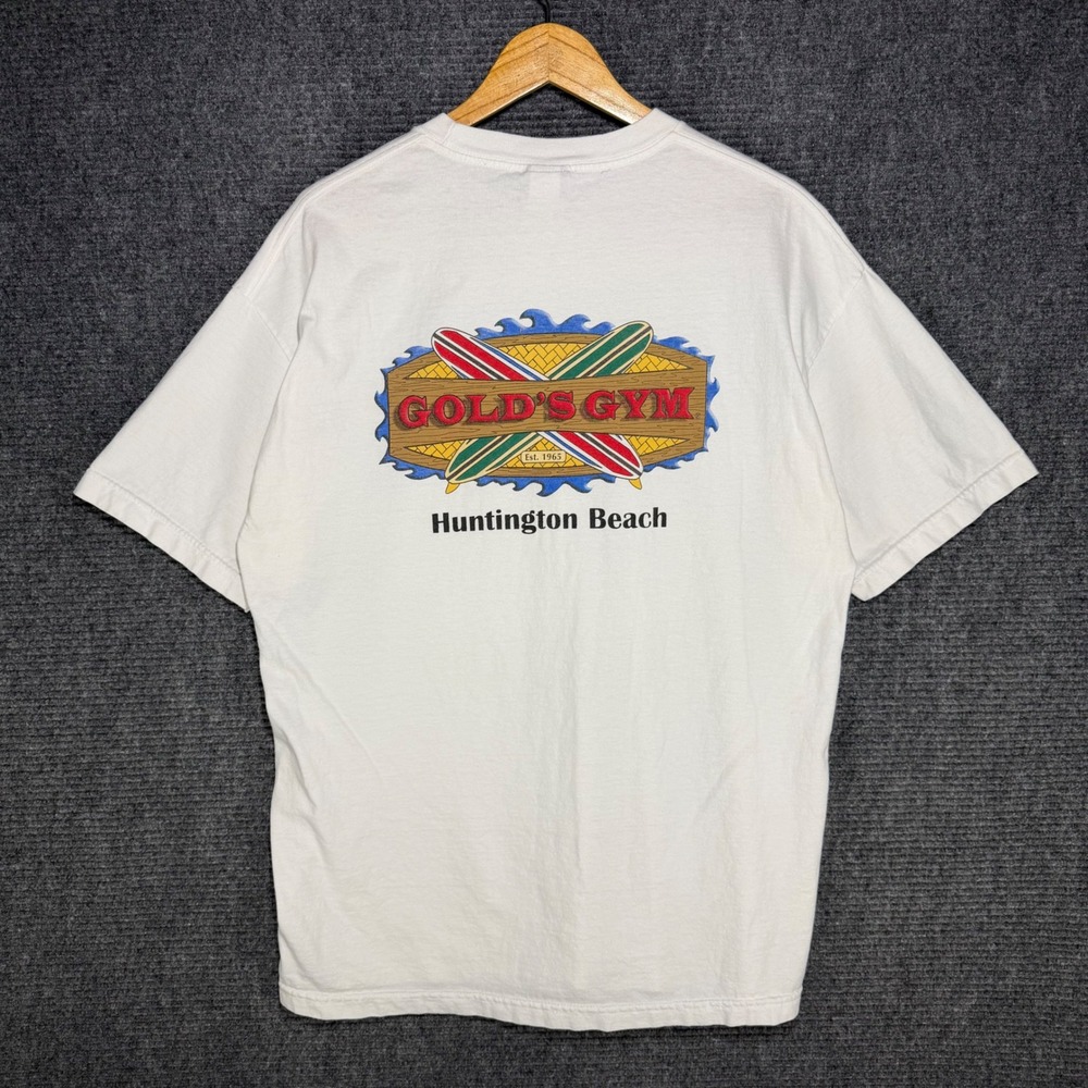 Vintage Golds Gym Huntington Beach T-Shirt Mens XL White Surfboard Graphic Tee